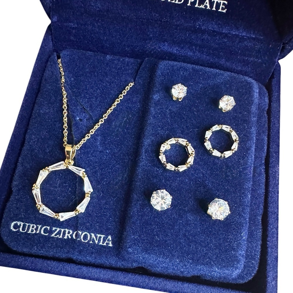 Danecraft Cubic Zirconia Circle Pendant & 3 Pair Stud Earring Set - Picture 3 of 15